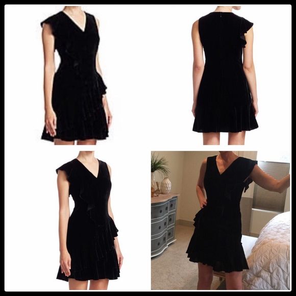 Scripted Black Velvet mini dress ruffle detail - Picture 2 of 7